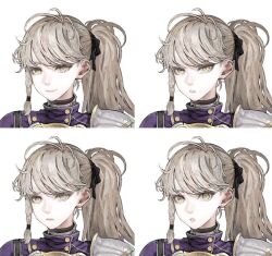  1girl armor black_ribbon blonde_hair braid breastplate bright_pupils capelet closed_mouth commentary_request confused hair_ribbon hair_tie jun_(navigavi) long_hair making-of_available multiple_expressions multiple_views nose original parted_lips pauldrons ponytail portrait purple_capelet rapier_(navigavi) reference_sheet ribbon sad shoulder_armor simple_background single_braided_sidelock single_pauldron smile surprised very_long_hair white_background white_pupils yellow_eyes 