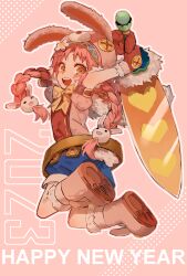  1girl 2023 animal_ears animal_hood arms_up belt blue_shorts boots braid chinese_zodiac detached_hood fake_animal_ears full_body fur-trimmed_boots fur_trim gloves hair_bobbles hair_ornament highres holding holding_sword holding_weapon hood jc_(pixiv_66949345) jumping looking_at_viewer loose_socks mimi_(princess_connect!) new_year open_mouth orange_eyes orange_gloves outline pink_background pink_hair pink_shirt princess_connect! puffy_short_sleeves puffy_sleeves rabbit_ears shirt short_sleeves shorts simple_background smile socks solo sword twin_braids weapon white_outline year_of_the_rabbit 