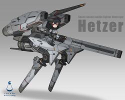  1girl absurdres armor artist_name black_hair cannon commentary_request english_text gradient_background grey_background gun hair_ornament hairclip highres holding holding_gun holding_weapon joints looking_at_viewer mecha_musume orange_eyes original robot_joints science_fiction solo soruto_0w98e thrusters weapon 