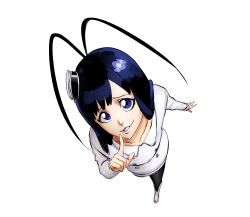  1boy antenna_hair black_pantyhose bleach bleach:_sennen_kessen-hen blue_eyes blue_hair commentary dress finger_to_mouth from_above giselle_gewelle highres male_focus miniskirt pantyhose parted_lips perspective raised_inner_eyebrows shushing skirt smile solo tilted_headwear trap white_dress yoshino_(laencl) 