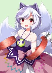  1girl animal_ears bare_shoulders bear_trap blush bow collarbone commentary_request dog_ears dog_girl dog_tail green_background grey_hair highres jewelry looking_at_viewer mitsugashira_enoko multicolored_hair multiple_tails necklace off-shoulder_shirt off_shoulder open_mouth pendant pink_bow pink_skirt purple_hair purple_shirt red_eyes ruu_(tksymkw) shirt skirt smile solo tail touhou two-tone_hair 