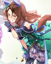  1girl absurdres animal_ears bare_shoulders black_garter_straps black_gloves black_thighhighs blush bow breasts brown_hair coat commentary_request crying crying_with_eyes_open dress ear_bow ear_covers ear_ribbon garter_straps gloves green_bow green_dress highres horse_ears horse_girl horse_tail king_halo_(king_of_emeralds)_(umamusume) king_halo_(umamusume) leaning_forward long_hair off-shoulder_coat off-shoulder_dress off_shoulder open_mouth red_eyes solo tail tears thigh-highs tsurubami_(gaad5227) umamusume 