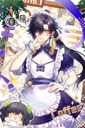  1boy 1girl :3 :d absurdres aegyo_sal alternate_costume apron artist_name averting_eyes ball_hands belt black_hair blue_ribbon bow brother_and_sister checkered_background chibi chibi_inset chinese_clothes chinese_commentary cleavage_cutout clenched_hand clothing_cutout coffee coffee_mug collarbone commentary_request covered_mouth covering_own_mouth cowboy_shot crossdressing crossdressing_(mtf) cup curtained_hair diamond_cutout dress earrings english_text facing_viewer flashing_eyes floating floating_object floral_background flower frilled_apron frilled_dress frilled_sleeves frilled_straps frills gold_spoon green_bow hair_between_eyes hair_bow hair_ribbon hair_tubes hand_on_own_hip hand_over_own_mouth hand_up high_ponytail highres jewelry leaf long_hair looking_to_the_side maid maid_apron maid_headdress male_focus male_maid mandarin_collar mug outline pankou pectoral_cleavage pectorals ponytail puffy_short_sleeves puffy_sleeves purple_belt purple_dress qi_maid reaction_inset ribbon short_sleeves siblings single_hair_tube smile solo sparkle spilling spoken_character spoon squiggle sun_quan_(wangzhe_rongyao) sun_shangxiang_(wangzhe_rongyao) tassel tassel_earrings textless_version trap two_side_up violet_eyes wangzhe_rongyao white_apron white_flower white_outline white_wrist_cuffs wrist_cuffs xiaobailang yellow_bow 