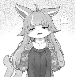  1boy ahoge animal_ears bilingual_text blunt_bangs bodysuit camouflage camouflage_jacket cat_boy digital_camouflage diving_suit english_text false_smile forked_tail furry furry_male greyscale half-closed_eyes heterochromia highres holding holding_unworn_clothes jacket japan_air_self-defense_force japan_air_self-defense_force_omaezaki_sub-base japan_self-defense_force long_hair long_sleeves looking_at_viewer male_focus military mixed-language_text monochrome omaneko orizuru parted_lips simple_background slit_pupils smile solo tail thank_you trap upper_body v-shaped_eyebrows wetsuit whiskers white_background 