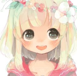  1girl :d bad_drawr_id bad_id black_eyes blonde_hair blush copyright_request flower hapisony head_wreath holly hood hood_down hoodie medium_hair open_mouth portrait red_flower red_hoodie sidelocks smile solo teeth translation_request upper_teeth_only white_flower 