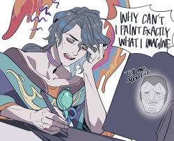  1boy bags_under_eyes blue_hair byuub choker closed_eyes collarbone commentary drawing_(action) drawing_tablet english_text eyeshadow hand_in_own_hair hwei_(league) jhin_(league) league_of_legends makeup monitor pen ponytail purple_choker shadow simple_background solo white_background 