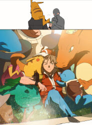  2boys ;) absurdres black_shirt blue_pants brown_eyes brown_hair charizard closed_mouth commentary_request hat highres ivysaur korean_commentary lapras male_focus multiple_boys one_eye_closed pants pikachu pokemon pokemon_(creature) pokemon_firered_and_leafgreen red_(pokemon) red_hat red_vest sangrokei shirt short_hair short_sleeves sitting smile snorlax squirtle vest wristband 