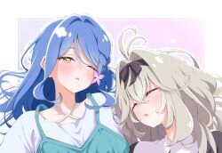  2girls absurdres antenna_hair aqua_camisole black_hairband black_ribbon blue_hair blush braid butterfly_hair_ornament camisole camisole_over_clothes closed_eyes commentary_request crew_neck criss-cross_halter crossed_bangs daifuku_momiji dot_nose flipped_sidelocks grey_hair guimpe hair_between_eyes hair_intakes hair_ornament hair_spread_out hairband halterneck heart highres howa_kurea howa_kurea_(civilian) long_hair lying meitantei_precure! moria_luluka moria_luluka_(civilian) multiple_girls on_back one_eye_closed outline parted_lips portrait precure purple_background ribbon ribbon-trimmed_hairband shirt single_braided_sidelock sleeping sleeping_together sleepy turning_head two-tone_background white_outline white_shirt yellow_eyes 