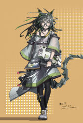  1girl absurdres arknights bespectacled black-framed_eyewear black_hair black_pantyhose blush book boots brown_background character_doll chinese_commentary choshanland_plushy_(arknights) commentary_request dated doll dress full_body glasses green_streaks highres holding holding_book horns kal'tsit_(arknights) long_hair long_sleeves looking_at_viewer messy_hair missing_colored_extremities mon3tr_(arknights) multicolored_hair open_mouth pantyhose simple_background single_bare_shoulder smile solo standing streaked_hair tail walking watch watch white_boots white_dress yima_(power222222) 