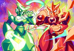  2boys armor cable_(gravity_circuit) clenched_hands commentary english_commentary euphythefox feet_out_of_frame gravity_circuit green_eyes hand_up highres humanoid_robot kai_(gravity_circuit) male_focus multiple_boys robot shoulder_armor shoulder_spikes signature spikes white_eyes 
