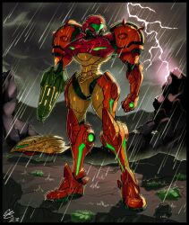  1girl arm_cannon commentary english_commentary ethandoesathing full_body highres lightning metroid power_suit_(metroid) rain samus's_gunship samus_aran solo standing varia_suit weapon 