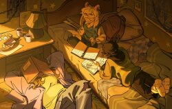  1boy 1girl 1other animal_ears arms_behind_head backpack bag book book_on_face brown_hair butterscotch_cinnamon_pie chalk closed_eyes commentary cup deltarune dim_lighting english_commentary feet_up from_above furry furry_male goat_boy goat_ears goat_horns highres holding holding_paper holding_pen hoodie_under_sweater horns indoors kejiyaa21 kris_(deltarune) lamp light_particles lying mug nightstand notebook on_back on_stomach pants paper pen pink_horns poster_(object) ralsei signature star_(symbol) susie_(deltarune) sweater_vest the_fun_gang torn_clothes torn_pants utdr_(toby_fox) window_light writing 