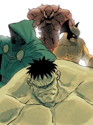  4boys absurdres armor bodysuit cape carnage_(marvel) doctor_doom green_cape green_hood green_tunic grey_armor groovy_(docilebread) highres hood hooded_cape hulk male_focus marvel marvel_tokon:_fighting_souls mask metal_mask multiple_boys muscular muscular_male power_armor superhero_costume symbiote tunic wolverine_(x-men) yellow_bodysuit 