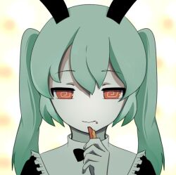 1girl :v @_@ animal_ears aqua_hair double-parted_bangs eating fake_animal_ears food food_on_face frills hatsune_miku high_collar holding holding_food long_hair loveit_(vocaloid) maid portrait red_eyes sidelocks solo straight-on togin_ennsey twintails vocaloid