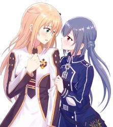  2girls absurdres ahoge black_necktie black_scarf blonde_hair collared_dress commentary_request dress duel_monster green_eyes grey_hair highres long_hair long_sleeves low_twintails multiple_girls necktie omu_gloriosa red_eyes scarf sidelocks sky_striker_ace_-_raye sky_striker_ace_-_roze twintails two-tone_dress white_background yu-gi-oh! yuri 