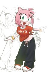  1girl :d alternate_costume amy_rose baggy_pants black_pants cropped_shirt fang furry furry_female hedgehog_girl highres light_blush looking_at_viewer loose_pants midriff navel pants raikon96 red_shirt red_shoes shirt shoes smile solo sonic_(series) twitter_username 
