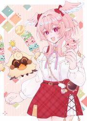  1girl 1other :d bag bare_legs bare_shoulders blush body_markings bow breasts collar commentary_request company_name crossed_bangs crystal dot_nose eyelashes fingernails food genshin_impact hair_between_eyes hair_bow hair_intakes hair_ornament handbag hat head_wings heart heart-shaped_pupils holding holding_food holding_ice_cream holding_ice_cream_cone ice_cream ice_cream_cone linnea_(baskin-robbins)_(genshin_impact) linnea_(genshin_impact) logo long_sidelocks long_sleeves lumi_(genshin_impact) medium_hair nekozawa official_alternate_costume party_hat pink_eyes pointy_ears puffy_sleeves red_bag red_bow red_skirt sidelocks skirt small_breasts smile sweater symbol-shaped_pupils two-tone_wings white_collar white_sweater winged_hair_ornament wings 