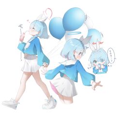  1girl absurdres arona_(blue_archive) balloon blue_archive blue_eyes blue_hair blue_halo blue_shirt blush bow_hairband braid colored_inner_hair cropped_legs drink_carton drinking drinking_straw drinking_straw_in_mouth hair_over_one_eye hairband halo heart heart_balloon highres holding holding_balloon ixia559 juice_box long_sleeves midriff_peek multicolored_hair multiple_views pink_hair pleated_skirt red_halo sailor_collar school_uniform serafuku shirt shoes short_hair simple_background single_braid skirt walking white_background white_hairband white_sailor_collar white_shoes white_skirt 
