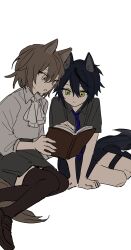  1boy 1girl aged_down animal_ears arknights ascot black_hair black_shorts black_thighhighs blue_necktie book brown_eyes brown_hair brown_shoes brown_thighhighs child collared_shirt green_eyes grey_shirt grey_skirt highres holding holding_book loafers long_sleeves necktie ok_o_o open_book penance_(arknights) reading shirt shoes short_hair shorts simple_background sitting skirt tail thigh-highs thigh_strap vigil_(arknights) white_ascot white_background white_shirt wolf_boy wolf_ears wolf_tail yellow_eyes yokozuwari 