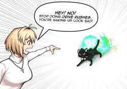  2girls angry animal_ears antenna_hair arcueid_brunestud black_bow black_cat blonde_hair bow breasts cat cat_ears cat_tail energy english_text highres jewelry joyful-joe len_(cat)_(tsukihime) len_(tsukihime) melty_blood melty_blood:_twi-lumina melty_blood:_type_lumina motion_lines multiple_girls necklace open_mouth pointing pointing_at_another pom_pom_(clothes) red_eyes short_hair single_hair_intake speed_lines sweater tail tsukihime tsukihime_(remake) turtleneck turtleneck_sweater whiskers white_sweater 