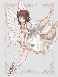  1girl 8_8ghost amami_haruka border brown_hair butterfly_wings curtained_hair dress eyelashes flower full_body gloves green_eyes hair_flower hair_ornament hairclip highres idolmaster idolmaster_(classic) idolmaster_million_live! idolmaster_million_live!_theater_days insect_wings lace lace_gloves looking_at_viewer medium_hair official_alternate_color official_alternate_costume ornate_border outside_border own_hands_together see-through_clothes see-through_gloves shoes sleeveless sleeveless_dress smile solo white_background white_dress white_gloves white_shoes wings 