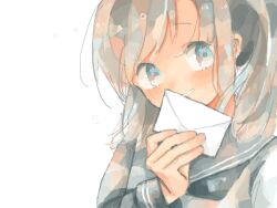  1girl bad_drawr_id bad_id black_sailor_collar blue_eyes blush copyright_request envelope grey_hair grey_shirt hand_up hapisony holding holding_envelope long_hair long_sleeves oekaki sailor_collar school_uniform serafuku shirt simple_background smile solo upper_body white_background 