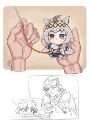  1boy 1girl absurdres agay1996 ahoge animal_ears belno_light_(umamusume) character_doll doll grey_eyes hat headpiece highres horse_ears horse_girl kitahara_jou needle oguri_cap_(starlight_beat)_(umamusume) oguri_cap_(umamusume) partially_colored sewing sewing_needle short_hair tearing_up umamusume umamusume:_cinderella_gray 