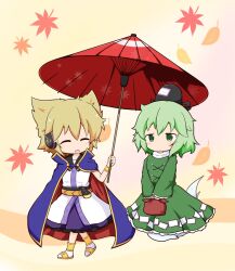  2girls :d ^_^ autumn_leaves black_hat blonde_hair cloak closed_eyes closed_mouth commentary_request dress earmuffs falling_leaves frilled_dress frilled_sleeves frills full_body ghost_tail gomashio_(goma_feet) green_dress green_hair hat holding holding_umbrella leaf mononobe_no_futo multiple_girls open_mouth purple_cloak red_umbrella sandals short_hair smile socks soga_no_tojiko standing tate_eboshi touhou umbrella white_dress white_socks yellow_sandals 