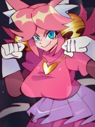  1girl animal_ears bell bell_ear_ornament blue_eyes breasts cat_ears cat_girl cat_tail cowboy_shot cutie_mew_mew_magic_(deltarune) deltarune dress gloves gold_bell green_eyes hair_bell hair_ornament heart heart_locket heart_necklace heart_pendant jewelry jiansketch locket mad_mew_mew necklace paw_pose pendant pink_dress pink_frills pink_hair smile solo tail tutu utdr_(toby_fox) white_gloves 