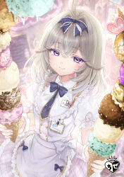  1girl absurdres alternate_costume antenna_hair apron artist_logo black_bow black_bowtie black_hairband black_necktie blurry blurry_background bow bow_hairband bowtie butterfly_brooch buttons candy chize chocolate circle_skirt closed_mouth collared_shirt crossed_bangs dot_nose double-breasted double-parted_bangs english_text fingernails flipped_bangs food food_writing framed_breasts frilled_apron frilled_sleeves frills gold_trim grey_apron grey_hair hair_intakes hairband heart heart-shaped_chocolate heart-shaped_food highres holding holding_food holding_ice_cream holding_ice_cream_cone ice_cream ice_cream_cone indoors light_blush logo looking_at_viewer maid_apron medium_hair meitantei_precure! melting melting_ice_cream menu_board mint_chocolate moria_luluka moria_luluka_(civilian) multiple_scoops name_tag necktie neon_lights pink_nails plaid_clothes plaid_skirt precure puffy_short_sleeves puffy_sleeves purple_skirt shirt short_sleeves skirt sleeve_bow smile solo too_many too_many_scoops upper_body variant_set violet_eyes waist_bow waitress white_shirt wing_collar 