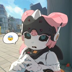  2girls @_@ aria_(robot)_(zenless_zone_zero) aria_(zenless_zone_zero) black_sclera blonde_hair burnice_white chibi colored_sclera green_eyes highres humanoid_robot index_fingers_together joints looking_at_viewer multiple_girls pink_hair quad_tails robot robot_girl robot_joints spoken_emoji superappleman sweatdrop zenless_zone_zero 