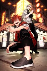  1boy 1girl absurdres alma_(gokurakugai) belt black_pants black_roots black_shirt blue_eyes braid cigarette commentary_request foreshortening gokurakugai hair_between_eyes hair_pulled_back high_heels highres holding holding_cigarette jacket mandarin_collar pants red-tinted_eyewear red_hair red_jacket round_eyewear sano_yuuto shirt sleeveless smoking squatting tao_(gokurakugai) tinted_eyewear white_belt white_hair white_jacket 