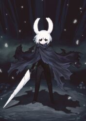  1other black_background black_cloak black_eyes black_skin cloak colored_skin commentary empty_eyes english_commentary floating_cape full_body hair_horns highres holding holding_nail holding_weapon hollow_knight humanization jun_(navigavi) knight_(hollow_knight) light_particles looking_at_viewer making-of_available nail_(hardware) nail_(hollow_knight) nose old_nail_(hollow_knight) parted_lips shadow short_hair solo standing weapon white_hair 
