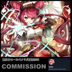  1girl black_border bluesky_username border commentary_request commission dominus_purge dominusteer_rosepamela double_bun duel_monster gloves hair_bun horns kalian long_hair pantyhose red_eyes red_hair red_pantyhose sample_watermark shorts tiara watermark white_gloves yu-gi-oh! 