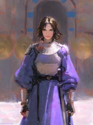 1girl absurdres armor belt breastplate breasts brown_hair commentary english_commentary feet_out_of_frame highres medium_breasts medium_hair original outdoors purple_robe raja_nandepu robe solo sun sword vambraces weapon 
