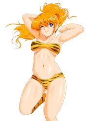  blonde_hair blue_eyes cosplay excellen_browning funky-harem horns long_hair lum lum_(cosplay) oni ponytail shiny shiny_skin shu-z simple_background solo super_robot_wars super_robot_wars_original_generation swimsuit tiger_print urusei_yatsura wink 