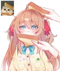  1girl absurdres ahoge blue_bow blue_bowtie blue_eyes blue_sailor_collar bow bowtie brown_hair cardigan cat closed_mouth commentary from_side hair_between_eyes hair_ornament hair_ribbon heart heart_hair_ornament highres holding_bread long_hair long_sleeves neuro-sama neuro-sama_(1st_costume) photo_inset red_ribbon ribbon sailor_collar shirt simple_background sneili0 solo_focus two_side_up untranslatable_commentary upper_body vedal_ai virtual_youtuber white_background white_shirt yellow_cardigan 