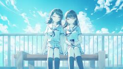  2girls bang_dream! bang_dream!_it's_mygo!!!!! bench black_hair black_socks blue_background blue_eyes blue_sky blue_theme closed_eyes clouds cloudy_sky collarbone commentary_request earphones earphones hair_behind_ear happy_birthday highres holding holding_phone long_hair looking_at_another multiple_girls neckerchief one_eye_closed pc_0626 phone pleated_skirt railing sailor_collar school_rooftop school_uniform shiina_taki shirt sitting skirt sky smile socks striped_clothes white_sailor_collar white_shirt white_skirt yahata_umiri 