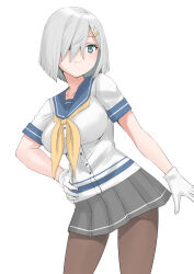  1girl 30-06 arm_at_side black_pantyhose blue_eyes blue_sailor_collar breasts contrapposto cowboy_shot gloves grey_hair grey_skirt hair_ornament hairclip hamakaze_(kancolle) hand_on_own_hip highres kantai_collection looking_to_the_side neckerchief pantyhose pleated_skirt sailor_collar sailor_shirt school_uniform serafuku shirt short_hair simple_background skirt solo standing white_background white_gloves white_shirt yellow_neckerchief 