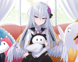  1girl absurdres azusa_(blue_archive) black_capelet black_skirt blue_archive breasts capelet character_request check_character closed_mouth commentary couch day eyelashes feathered_wings flower grey_hair hair_between_eyes hair_flower hair_ornament halo high-waist_skirt highres holding holding_stuffed_toy indoors light_blush long_hair long_sleeves looking_at_viewer low_wings medium_breasts on_couch peroro_(blue_archive) pinky-paca_(blue_archive) purple_flower shirt sitting skirt skullman_(blue_archive) smile solo split_mouth straight_hair stuffed_animal stuffed_toy two-sided_capelet two-sided_fabric violet_eyes white_capelet white_shirt white_wings window wings wrightia yellow_halo 