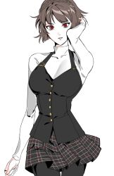  1girl absurdres black_pantyhose black_vest braid breasts brown_hair buttons checkered_clothes checkered_skirt commentary_request cowboy_shot crown_braid emoosoy427 hairband hand_in_own_hair hand_up highres korean_commentary long_sleeves looking_at_viewer medium_breasts niijima_makoto pantyhose parted_lips persona persona_5 pleated_skirt red_eyes school_uniform short_hair shuujin_academy_school_uniform skirt solo sweater turtleneck turtleneck_sweater vest white_background white_sweater 