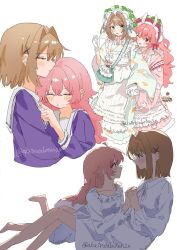  2girls akairosaboten20 bag blush brown_hair closed_eyes collar commentary dress frilled_dress frills hair_ornament highres holding_hands hug kagari_mimi kimi_ga_shinu_made_koi_wo_shitai long_hair looking_at_another multiple_girls nightgown pink_hair sailor_collar sailor_dress shoulder_bag sleeve_cuffs totsuki_shiina untranslatable_commentary violet_eyes white_collar white_sailor_collar x_hair_ornament yuri 
