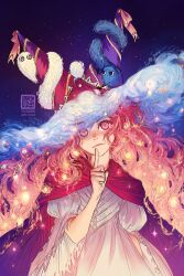  1girl brushbuddy buttons cloak commentary cowboy_shot dress dust_cloud english_commentary finger_to_mouth gradient_background hat highres long_hair long_sleeves looking_at_viewer pink_cloak pink_eyes pink_hair purple_background shushing sky solo solo_focus star_(sky) star_(symbol) starry_sky tassel tetia_(tongari_boushi_no_atelier) tongari_boushi_no_atelier twitter_username wavy_hair white_dress witch_hat yuumei 