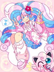  1girl absurdres blue_hair bubble bull_sprite_(pokemon) cardigan choker clefairy clefairy_sprite_(pokemon) collared_sweater fairy_miku_(project_voltage) fish_sprite_(pokemon) flower fossil_sprite_(pokemon) hatsune_miku heart heart_choker highres jigglypuff loose_socks musical_note neckerchief pink_background pink_cardigan pink_choker pink_hair pink_nails pink_shoes pink_sweater pokemon pokemon_(creature) pokewalker project_voltage red_flower scrunchie shoes sketchquill socks sparkle spoken_musical_note sweater twintails virtual_pet_(toy) vocaloid white_neckerchief wrist_scrunchie yellow_flower yellow_scrunchie 