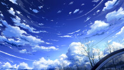  absurdres bare_tree blue_sky clouds commentary_request day dutch_angle fisheye guiyi_tonghua highres mountainous_horizon no_humans original outdoors power_lines scenery sky sky_focus tree 