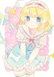  1girl alice_margatroid blonde_hair blue_dress blue_eyes closed_mouth commentary dress frilled_dress frills hairband kagome_f leaning_forward looking_at_viewer painting_(medium) pink_background puffy_short_sleeves puffy_sleeves red_hairband sailor_collar short_hair short_sleeves solo string_of_flags thigh-highs touhou traditional_media watercolor_(medium) white_sailor_collar white_thighhighs 