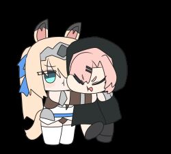  2girls akaoni_(zumt3548) alternate_costume animal_ears animated animated_gif black_coat black_shoes blonde_hair blue_eyes coat full_body hair_ornament hair_over_one_eye hairband hairclip hood horse_ears horse_girl horse_tail long_hair metal_hairband mole mole_under_eye multiple_girls nicole_demara open_mouth pink_hair ponytail shoes sigrid_de_l'azur simple_background solo tail tongue white_background zenless_zone_zero 