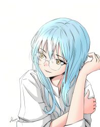  1other androgynous artist_name artist_request blue_hair commentary_request hair_between_eyes highres humanization long_hair long_sleeves other_focus rimuru_tempest round_eyewear shirt tensei_shitara_slime_datta_ken white_background white_shirt yellow_eyes 