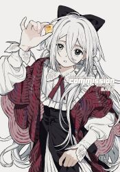  1girl :o black_bow black_eyes bow commission cowboy_shot dress fingernails frills gem grey_eyes hair_between_eyes hair_bow heterochromia highres holding_own_dress long_hair long_hair_between_eyes long_sleeves looking_at_object mihuashi_commission original rokkatera simple_background solo very_long_hair watermark white_background white_hair yellow_gem 
