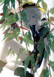  1girl alternate_costume arm_up backlighting black_hat black_shirt black_shorts blue_eyes bow commentary flower foot_out_of_frame gardening gloves grey_hair hand_on_own_hat hat hat_bow highres knee_up komeiji_koishi long_hair looking_at_viewer plant seeker shirt short_sleeves shorts sitting smile solo touhou trowel untranslatable_commentary yellow_bow 
